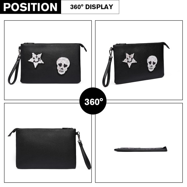 LT6822S-MISS LULU MISS LULU PU LEATHER SEQUIN SKULL CLUTCH BAG BLACK